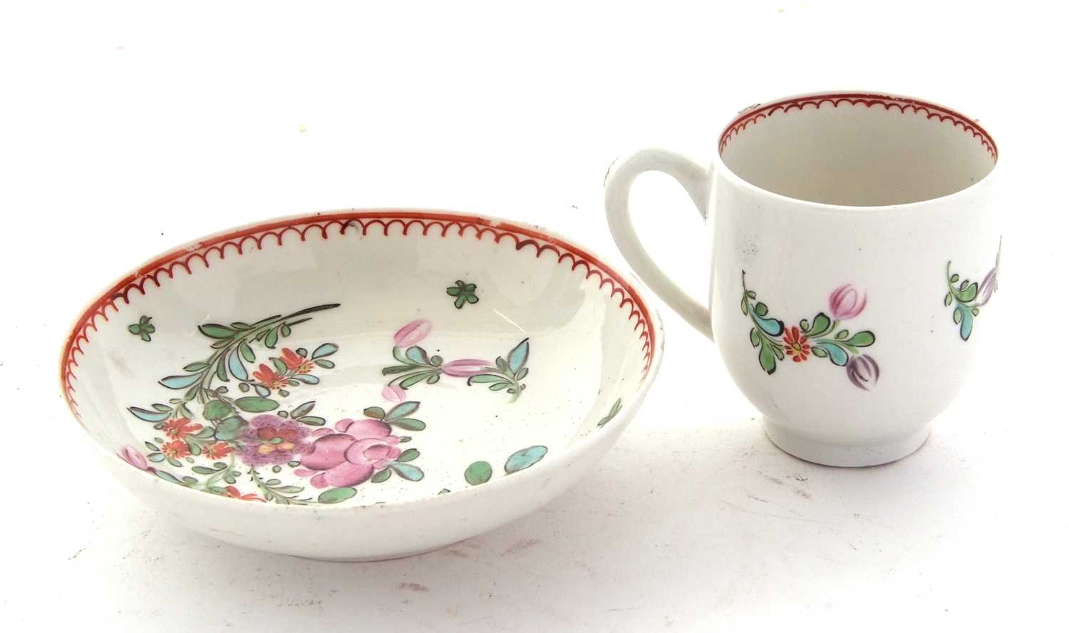 A Lowestoft porcelain cup and saucer circa 1770 with polychrome designs of flowers in Curtis - Image 3 of 4