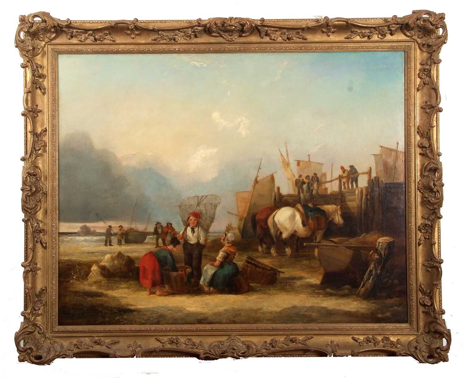 William Shayer (British,1787-1879), Harbour scene (possibly Yarmouth) with fisherfolk, horses and - Image 4 of 5