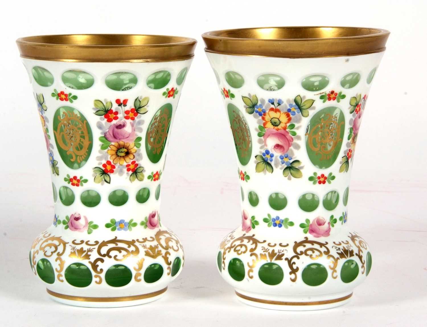 A pair of Bohemian style vases, the white flashed ground decorated with floral sprays, - Image 3 of 3