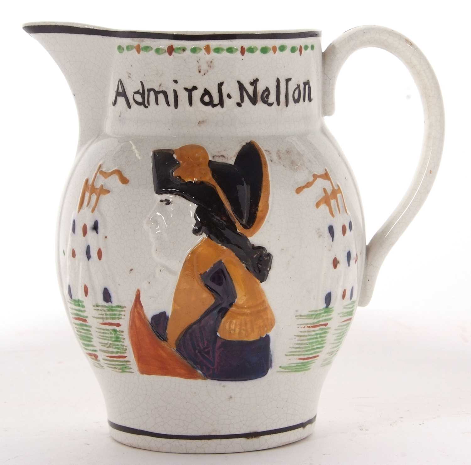 A Pratt Ware type jug modelled with Admiral Nelson in relief, the reverse with Captain Hardy, 15cm - Image 7 of 7
