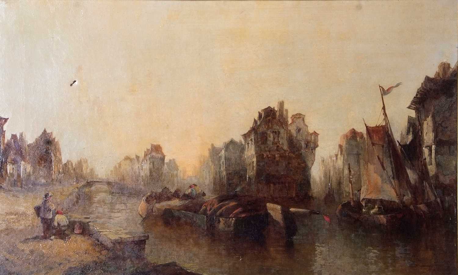 Alfred Monatague (1832-1883), City view with barges on a river, unsigned, 44.5x74.5cm, framed - Image 2 of 3