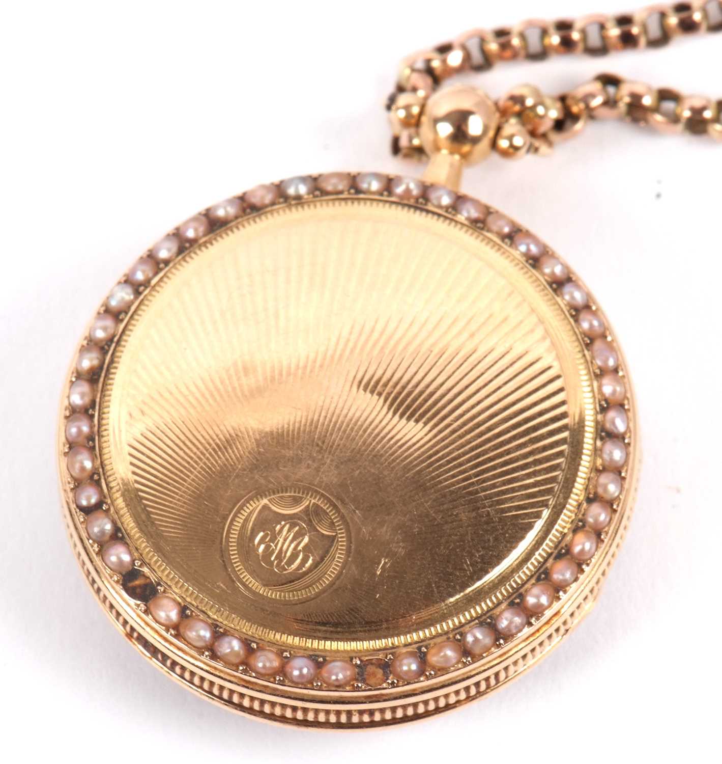 A Boubon a Paris mid grade yellow metal fob watch with chain, the pocket watch has a seed pearl - Image 8 of 9