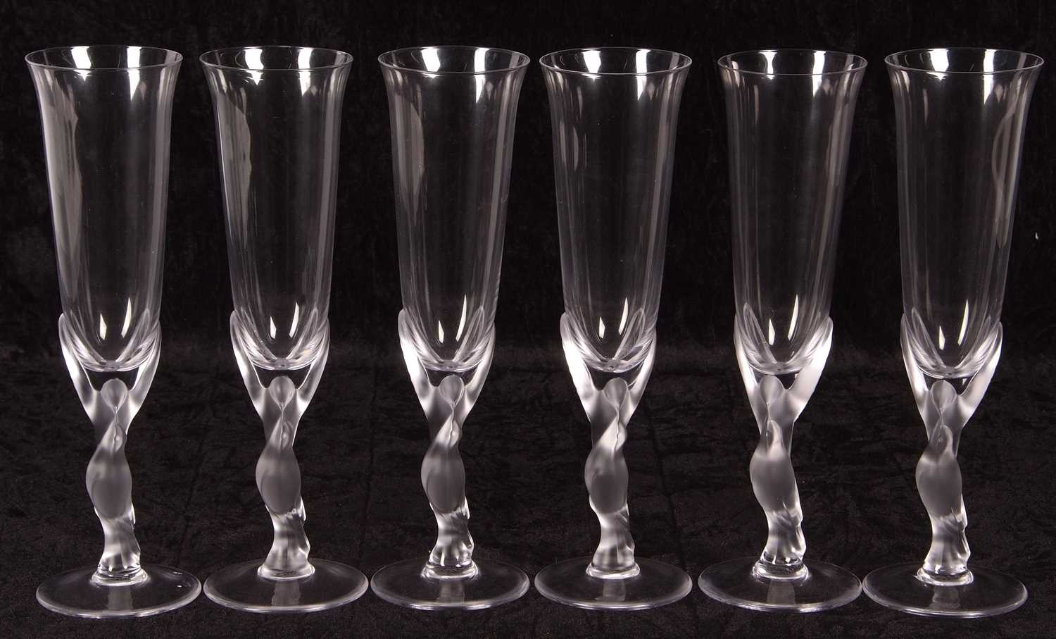 A set of Carl Faberge crystal glass champagne flutes, the bowls mounted on frosted kissing doves - Image 3 of 4
