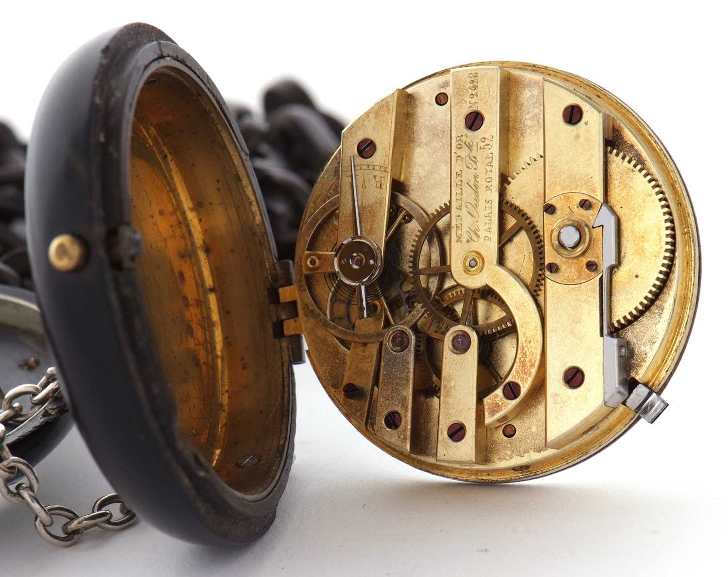 A French pocket watch cased in vulcanite along with a vulcanite watch chain, circa 1850, the - Image 5 of 5