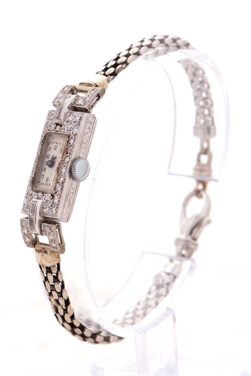 An Art Deco precious metal and diamond ladies wristwatch, the end link of the bracelet is stamped - Image 2 of 9