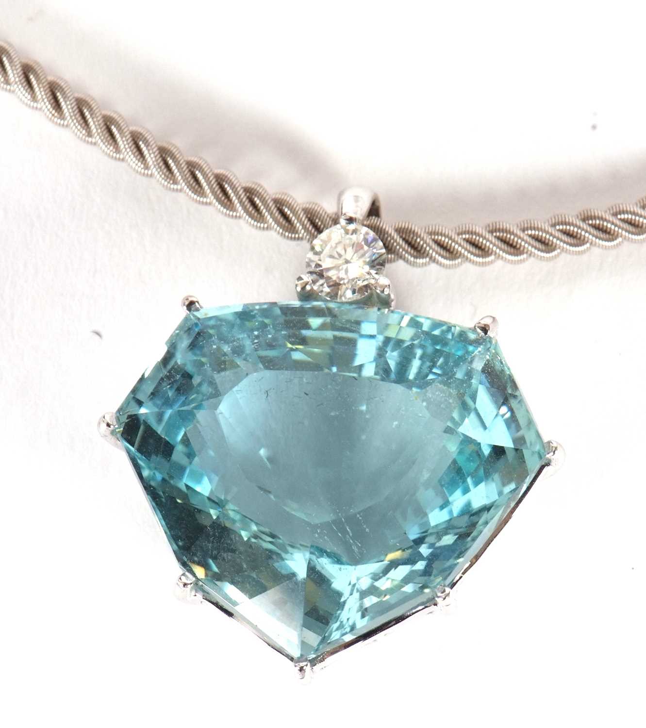 An aquamarine and diamond necklace, the heart shaped mixed cut aquamarine, approx. 37cts, claw - Image 8 of 10