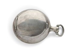 A George III silver snuff box in the form of a pocket watch case of plain circular form, the verso