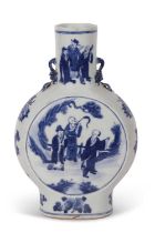 A large 18th Century Chinese porcelain moon flask, the centre decorated with Chinese figures, six