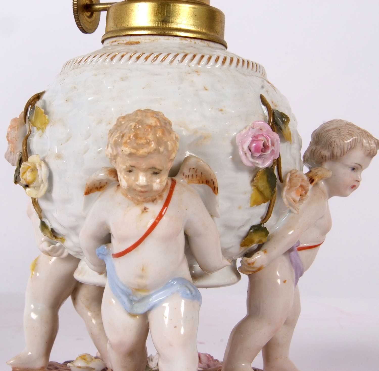 A pair of continental porcelain lamps with white frosted shades, the lamps decorated in the - Image 6 of 8