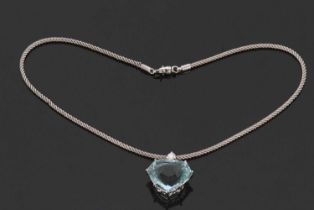 An aquamarine and diamond necklace, the heart shaped mixed cut aquamarine, approx. 37cts, claw