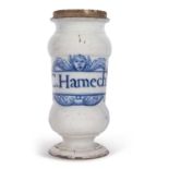 An 18th Century Delft drug jar with central cartouch entitled C.Hamech, 24cm high 2 chips to base (