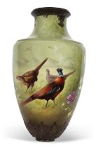 A very large Art Nouveau style vase, the green ground painted with pheasants and flowers, probably