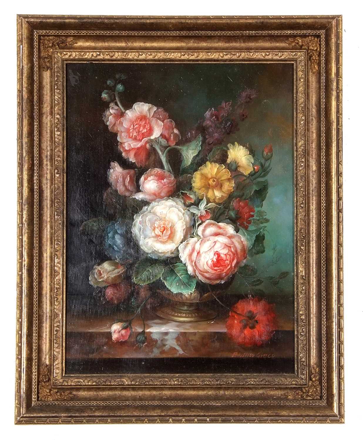 Emillio Greco (b.1932), Still life with flowers, oil on board, signed, 28x38cm, framed - Image 3 of 3