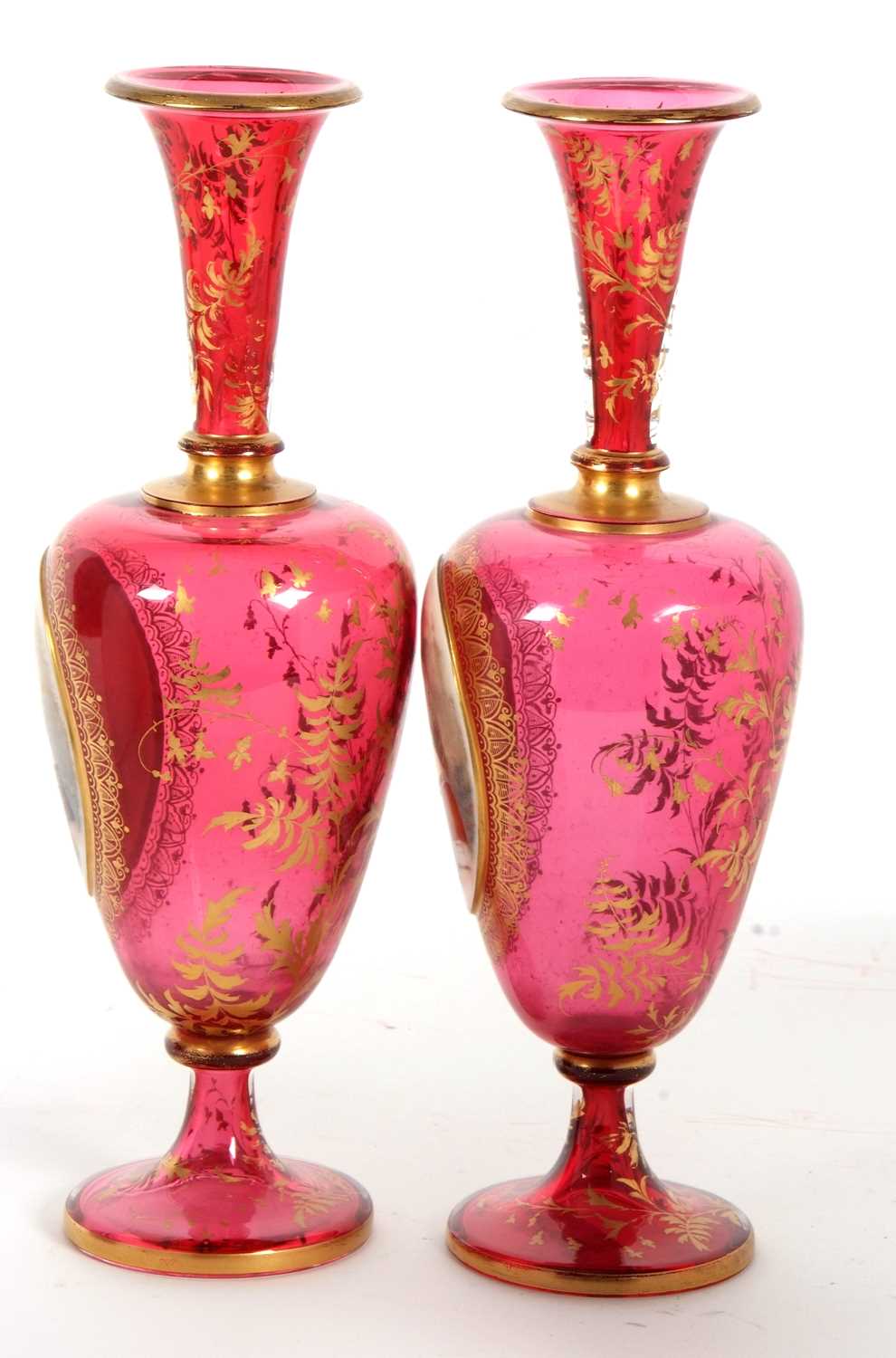 A pair of 19th Century continental ruby glass vases, finely painted with panels of young girls - Image 3 of 6