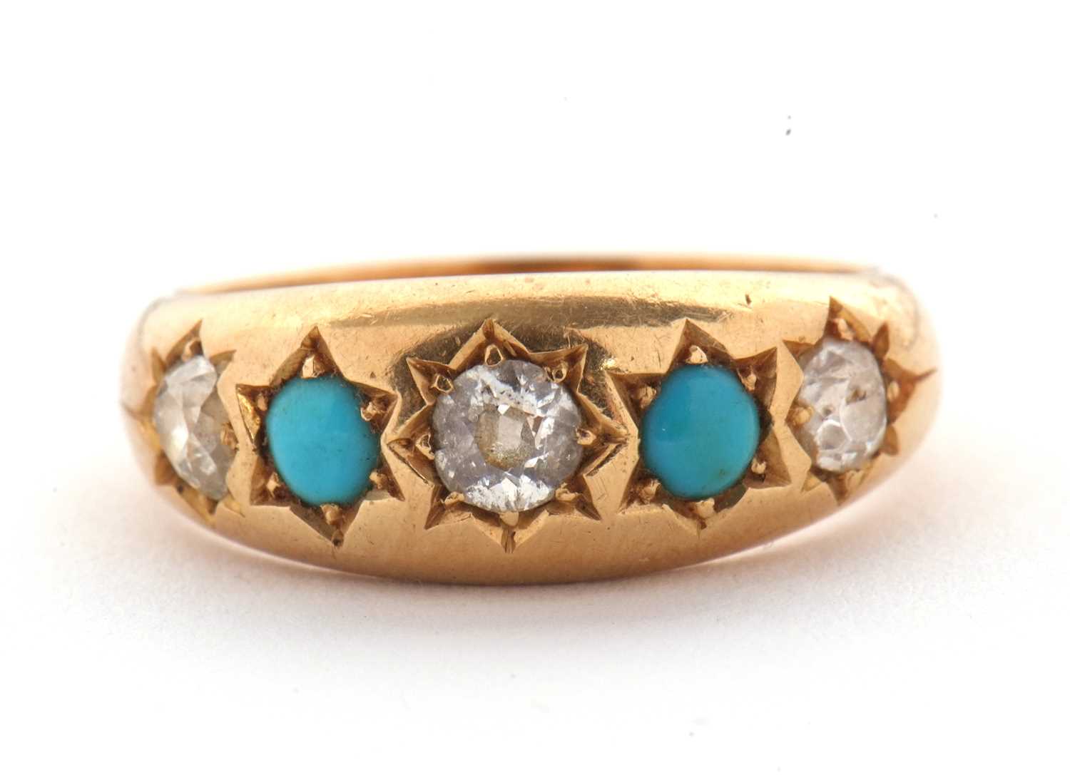 A late Victorian turquoise and diamond ring, the graduated alternating old mine cut diamonds and - Image 2 of 8