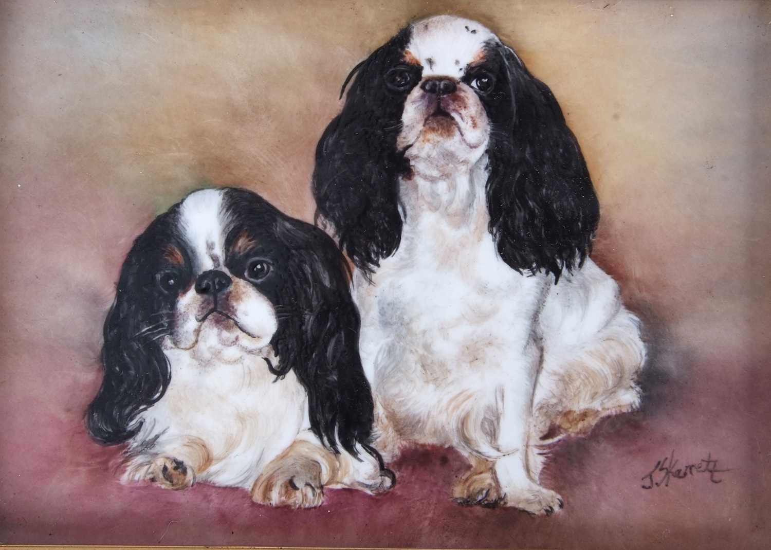 A gilt framed porcelain plaque of Pekingese dogs one of silken thread entitled Thimble and the other - Image 3 of 5