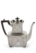 Late Victorian silver coffee pot of tapering rectangular form with canted edges, overall chased