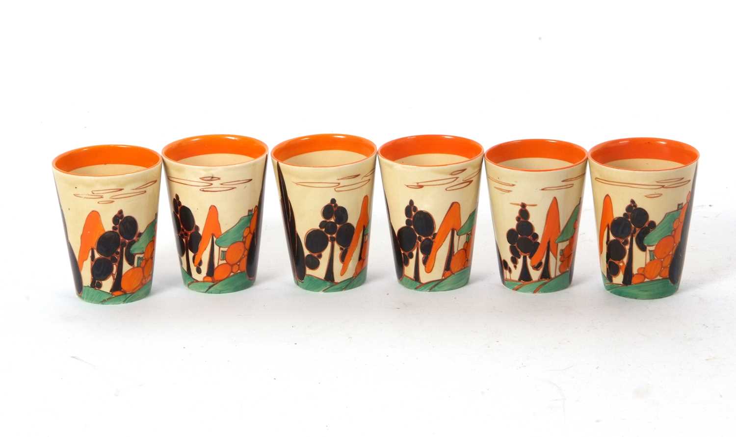 Set of Six Clarice Cliff Fantasque Bizzare Beakers with Trees and House Design - Image 2 of 5