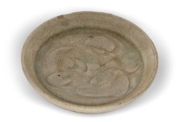 A small Song Dynasty Yue ware dish, the light green ground with a leaf type decoration, 10cm