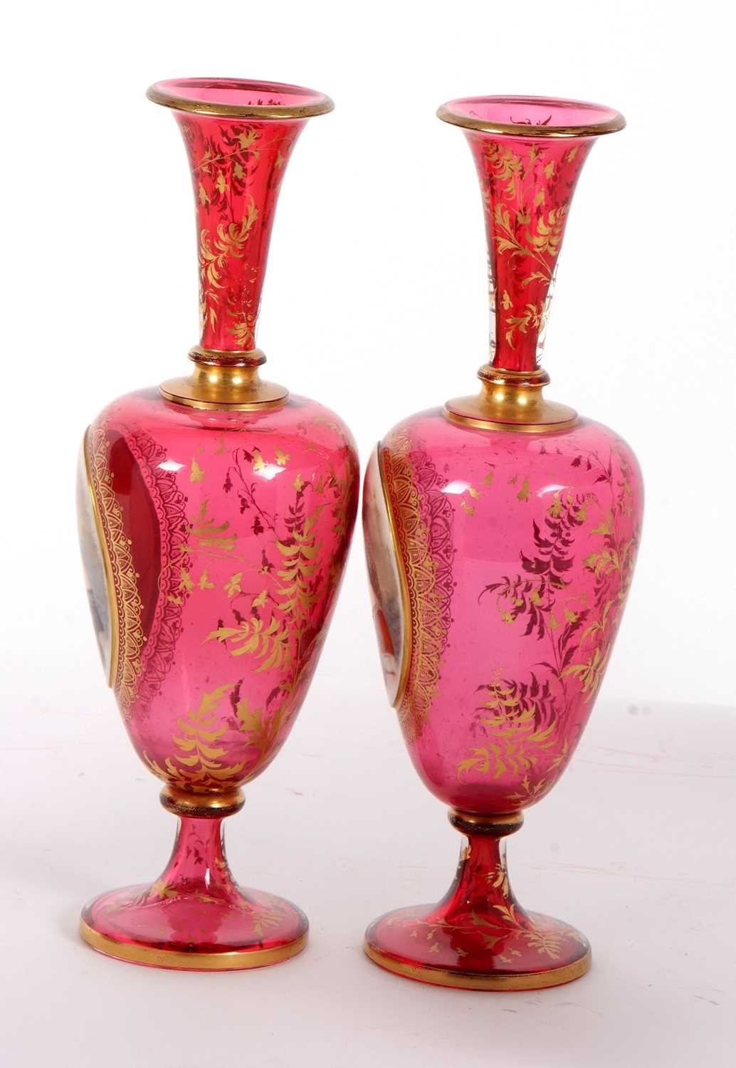 A pair of 19th Century continental ruby glass vases, finely painted with panels of young girls - Image 6 of 6