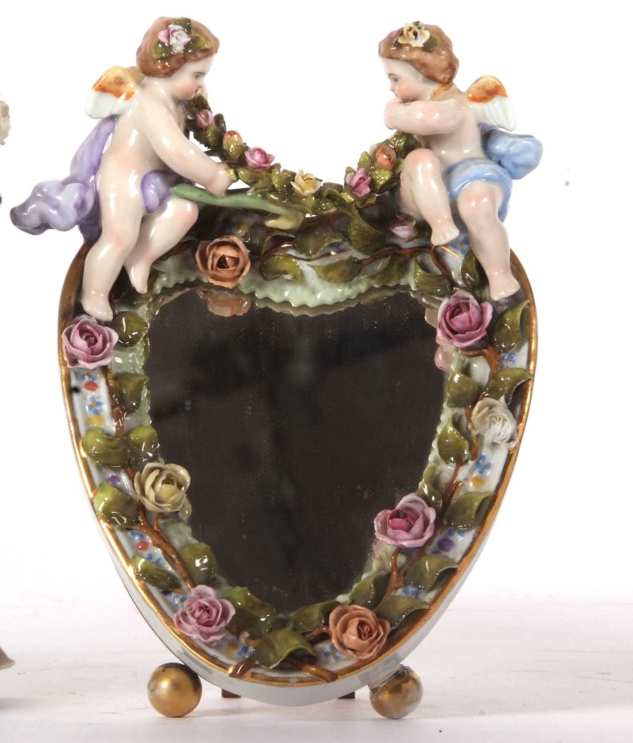A Continental porcelain vase of oval shaped, supported by three cherubs, the base with Sitzendorf - Image 5 of 5