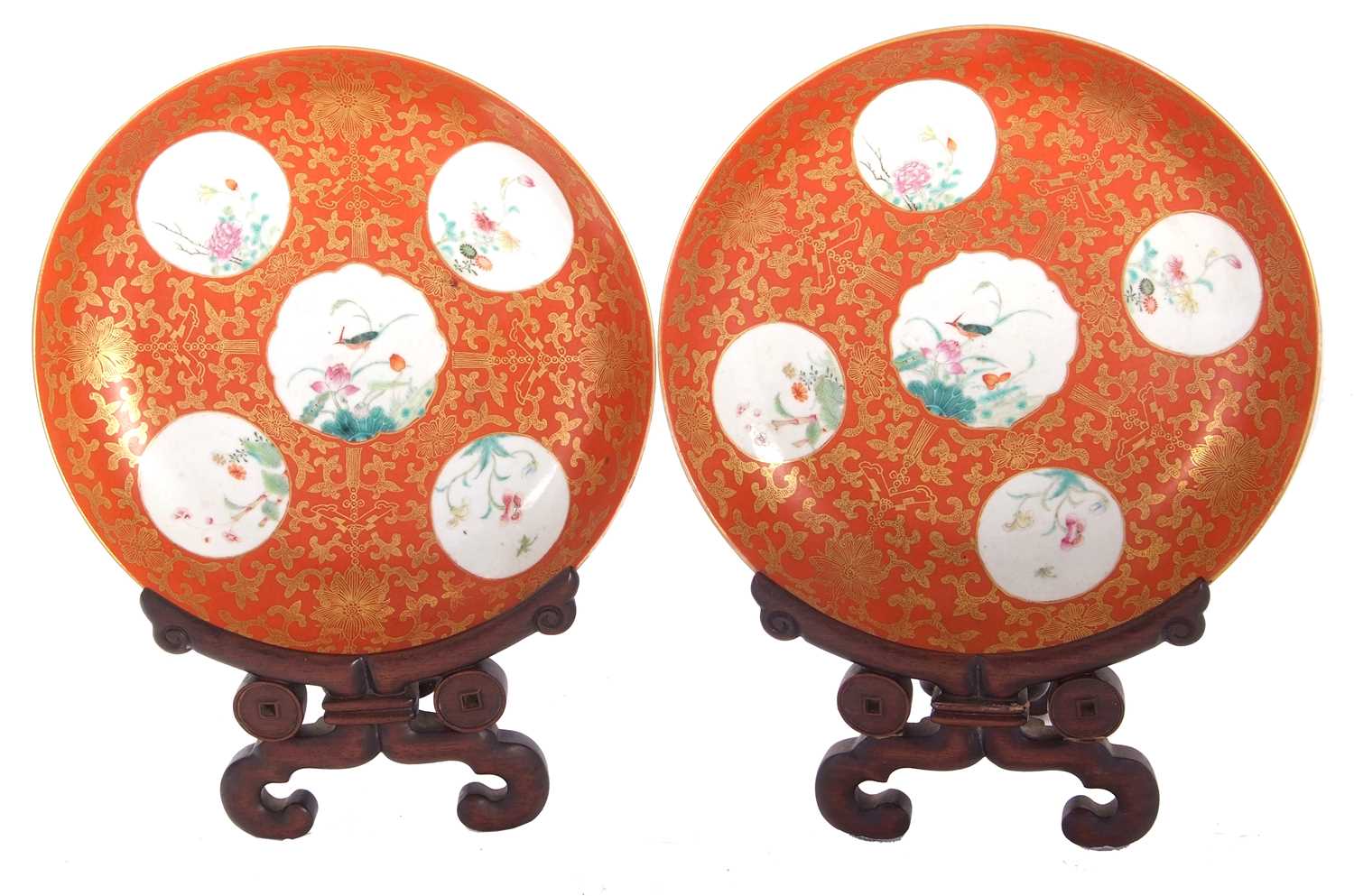 Two 19th Century Chinese porcelain coral ground bowls with gilt scroll decoration, each bowl - Image 3 of 6