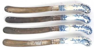 A group of four 18th Century knives with Bow porcelain handles one knife with repair and one with