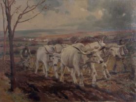 Gerna Karoly (Hungarian,1867-1944), Oxen ploughing, signed 'Gerna Caroly' lower right, oil on