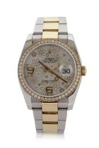 A Rolex Datejust 36, reference 116243, it has a two tone Oyster bracelet and a diamond bezel with