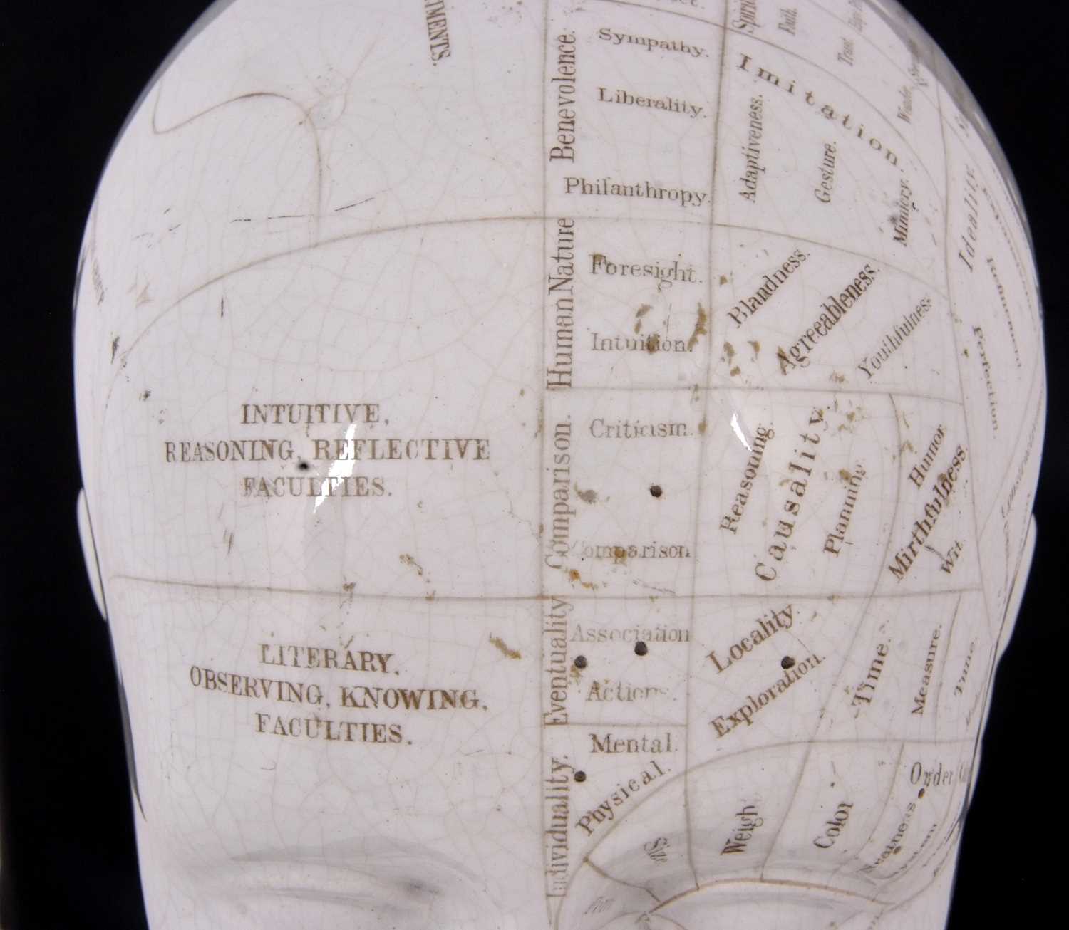 A LN Fowler ceramic phrenology head, late 19th Century, typically delineated with title to front and - Image 8 of 10