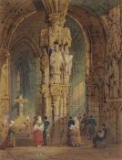 Samuel Gillespie Prout (1822-1911), Cathedral interior with figures, ink, watercolour and bodycolour