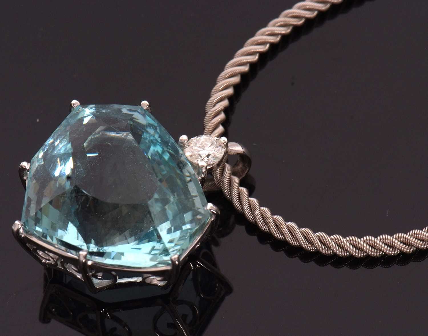 An aquamarine and diamond necklace, the heart shaped mixed cut aquamarine, approx. 37cts, claw - Image 6 of 10