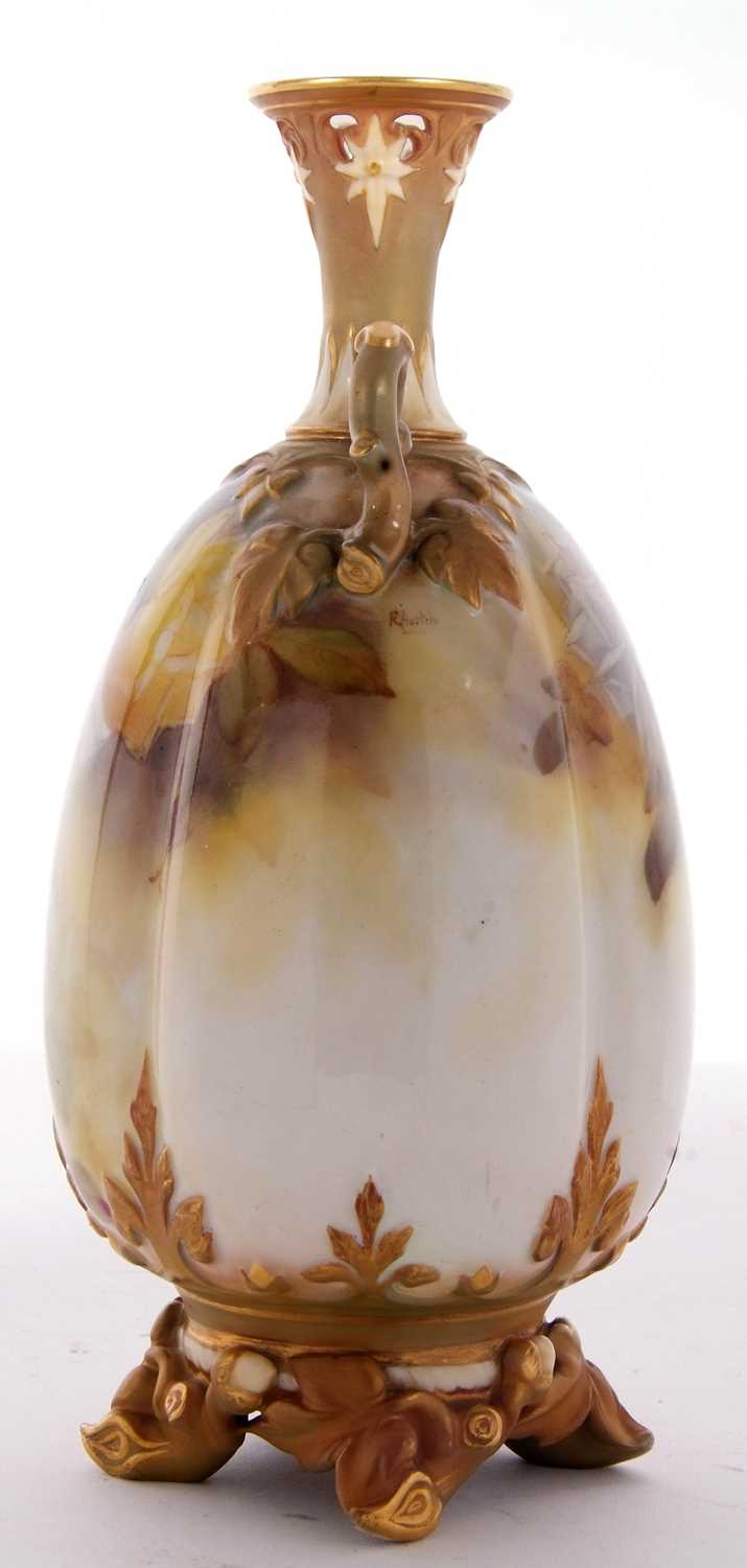 A Royal Worcester vase of lobed shape, finely painted with roses, signed by R Austin, with gilt - Image 4 of 8
