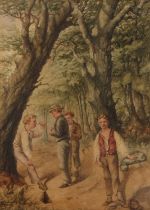 William Mulready RA (Irish,1786-1863), Children congregate in a woodland setting, watercolour,