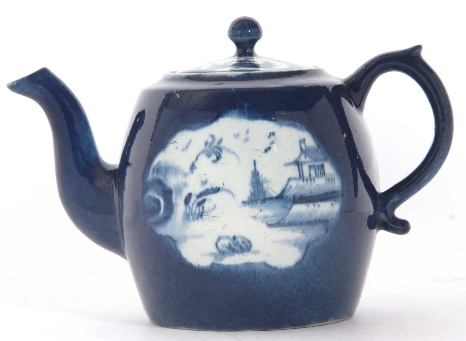 A rare Lowestoft teapot of small size c.1765 and a cover the powder blue ground with shaped panels - Image 2 of 8