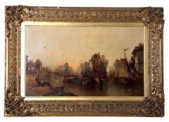 Alfred Monatague (1832-1883), City view with barges on a river, unsigned, 44.5x74.5cm, framed