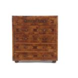 A small walnut and marquetry inlaid table top chest with five small drawers, 39cm wide, 26cm deep