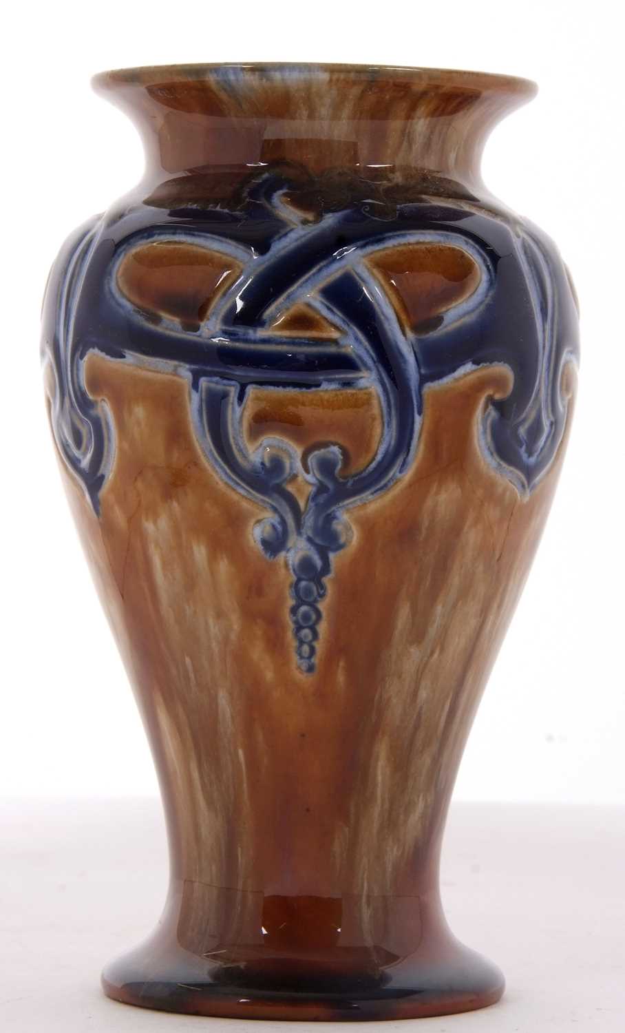 A Royal Doulton vase by Frank Pope, of baluster shape the brown ground with a blue Art Nouveau style - Image 2 of 4