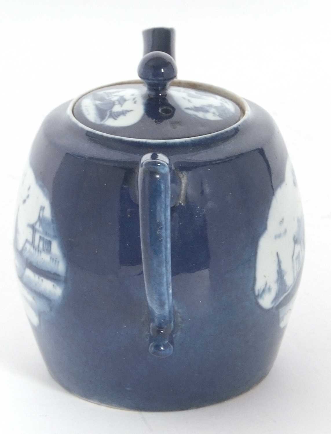A rare Lowestoft teapot of small size c.1765 and a cover the powder blue ground with shaped panels - Image 5 of 8