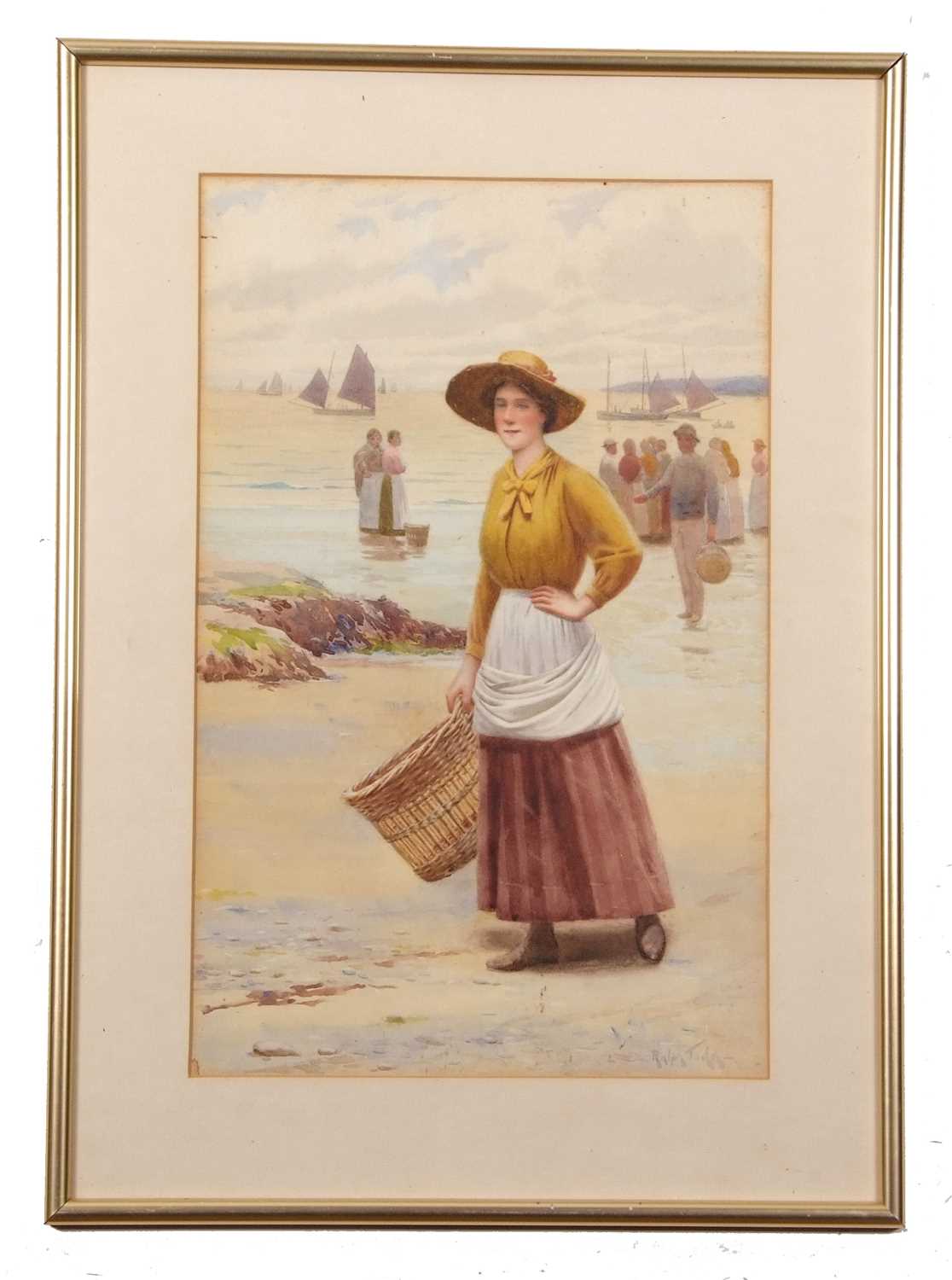 Ralph Todd (British,1856-1932), Fishergirl on the beach, watercolour, signed, 7x11ins, framed and - Image 3 of 6