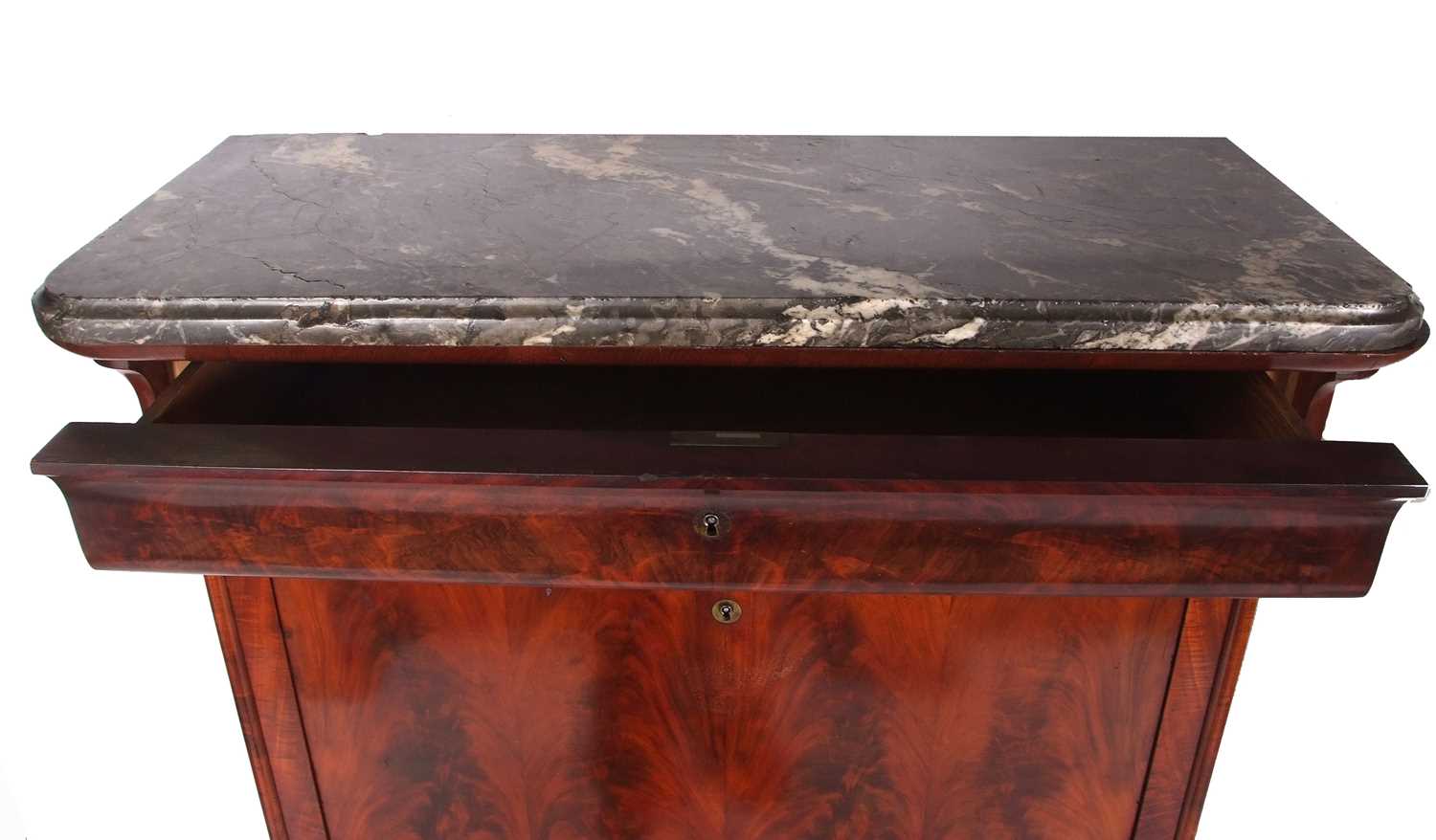 An early 19th Century French marble topped secretaire abbatant, the grey marble top with moulded - Image 4 of 4