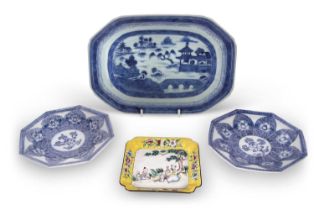 A Chinese porcelain rectangular plate, late 18th/early 19th Century together with two octagonal