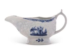 A small Lowestoft sauce boat with reserves of Chinoiserie scenes, the moulded body decorated with