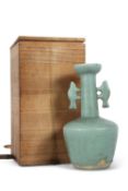A Song style mallet shaped vase with fish handles in wooden carrying box, 30cm high