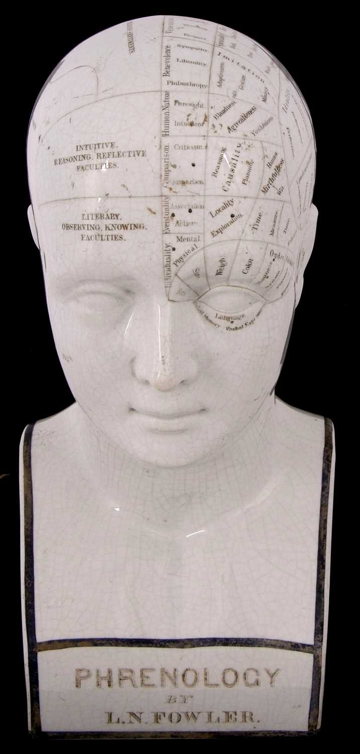 A LN Fowler ceramic phrenology head, late 19th Century, typically delineated with title to front and - Image 2 of 10