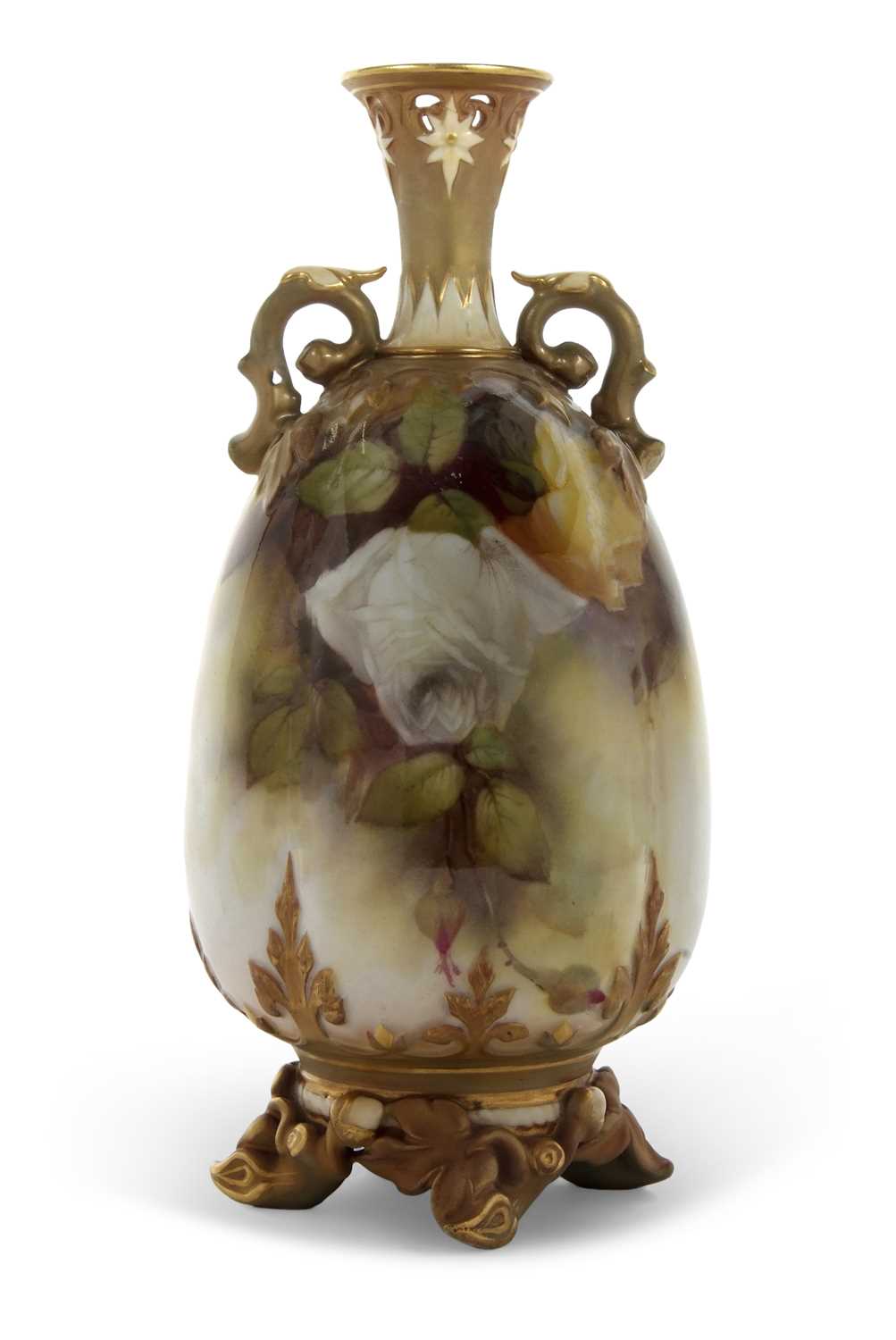 A Royal Worcester vase of lobed shape, finely painted with roses, signed by R Austin, with gilt