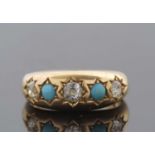 A late Victorian turquoise and diamond ring, the graduated alternating old mine cut diamonds and