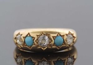 A late Victorian turquoise and diamond ring, the graduated alternating old mine cut diamonds and