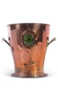 An Arts & Crafts style copper two handled bucket or planter mounted with ceramic panels and abstract