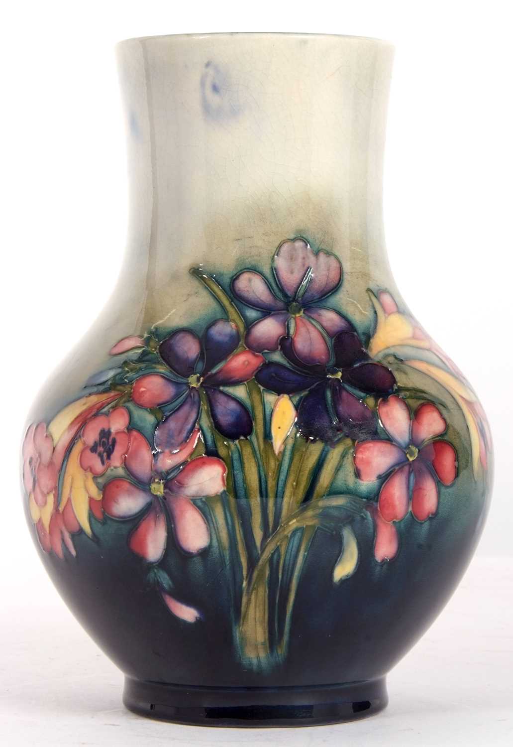 A Mid 20th Century Moorcroft vase of baluster form, the green ground with tubelined decoration of - Image 2 of 4